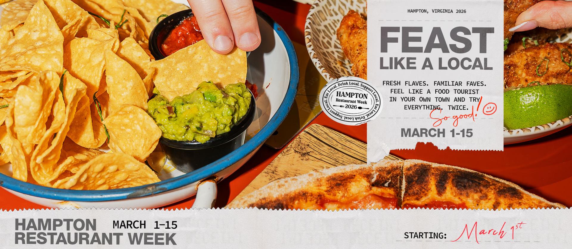 A vibrant banner for Hampton Restaurant Week, March 1-15, 2026. Features nachos with guacamole, pizza, and other bright appetizers. Text on a faux receipt reads 