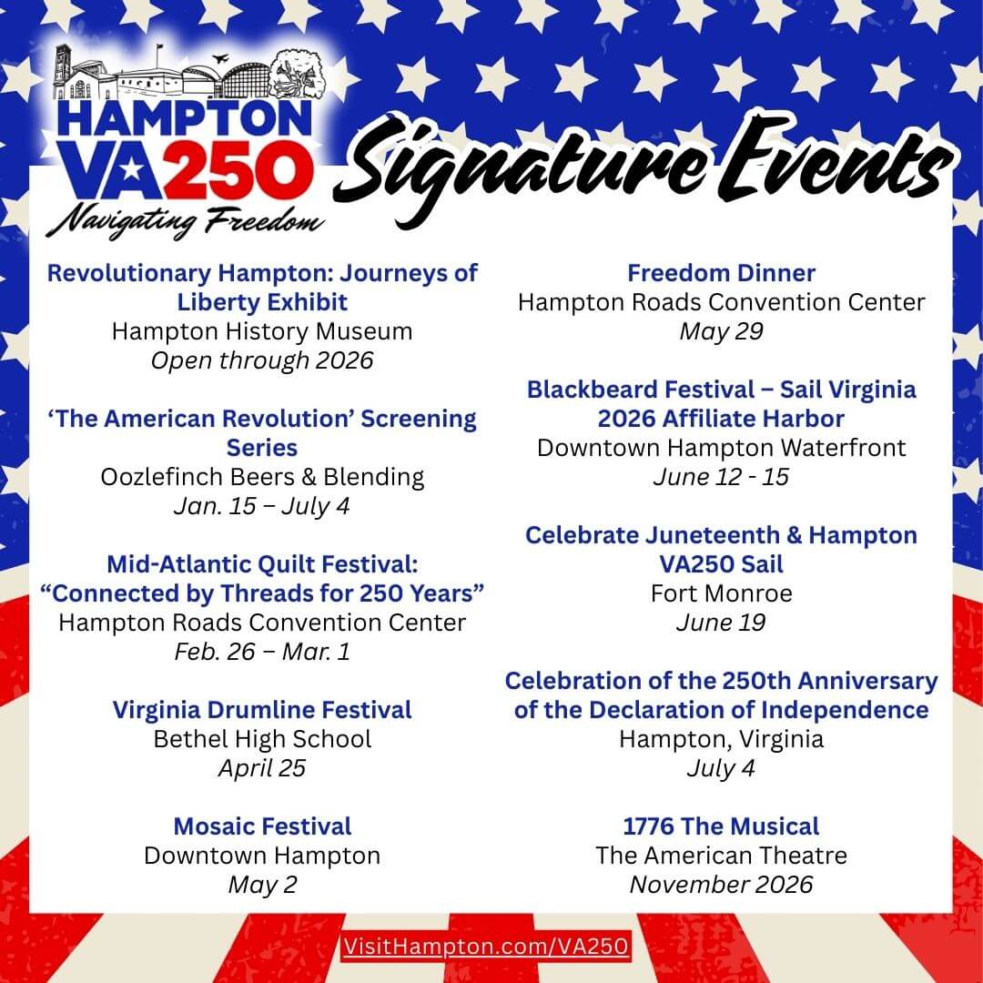 Patriotic-themed event list with blue stars and red stripes border. Title: “Hampton VA250 Signature Events.” 