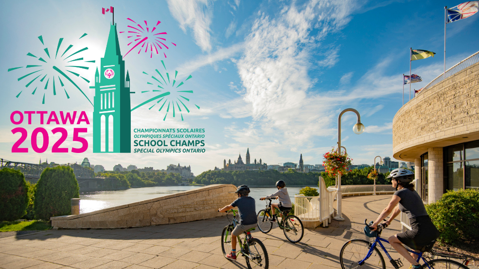 Family stops on bikes to view Parliament Hill and Ottawa River, Special Olympics Ontario School Championships 2025 logo