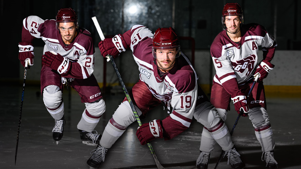 3 Ottawa GeeGees players pose on ice